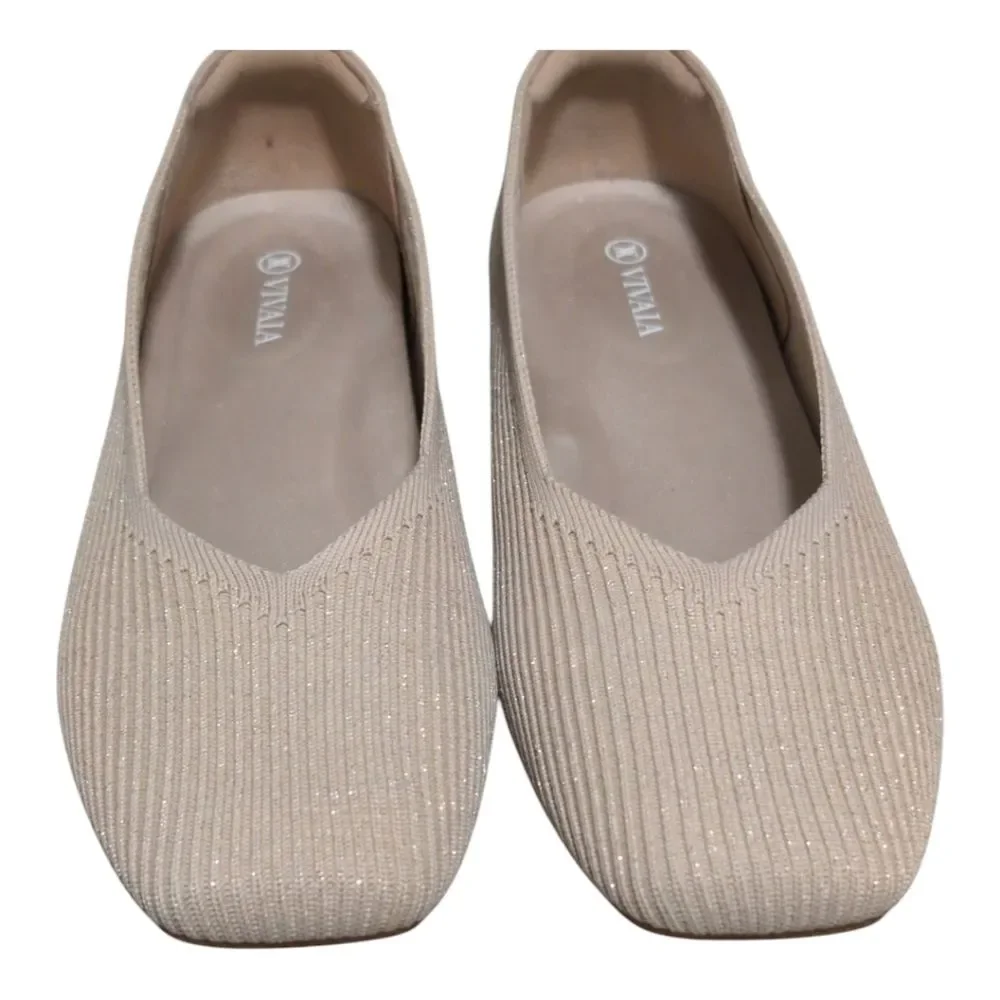 Vivaia Margot Square-Toe V-Cut knit flat oatmilk color gold specs size size 42 /